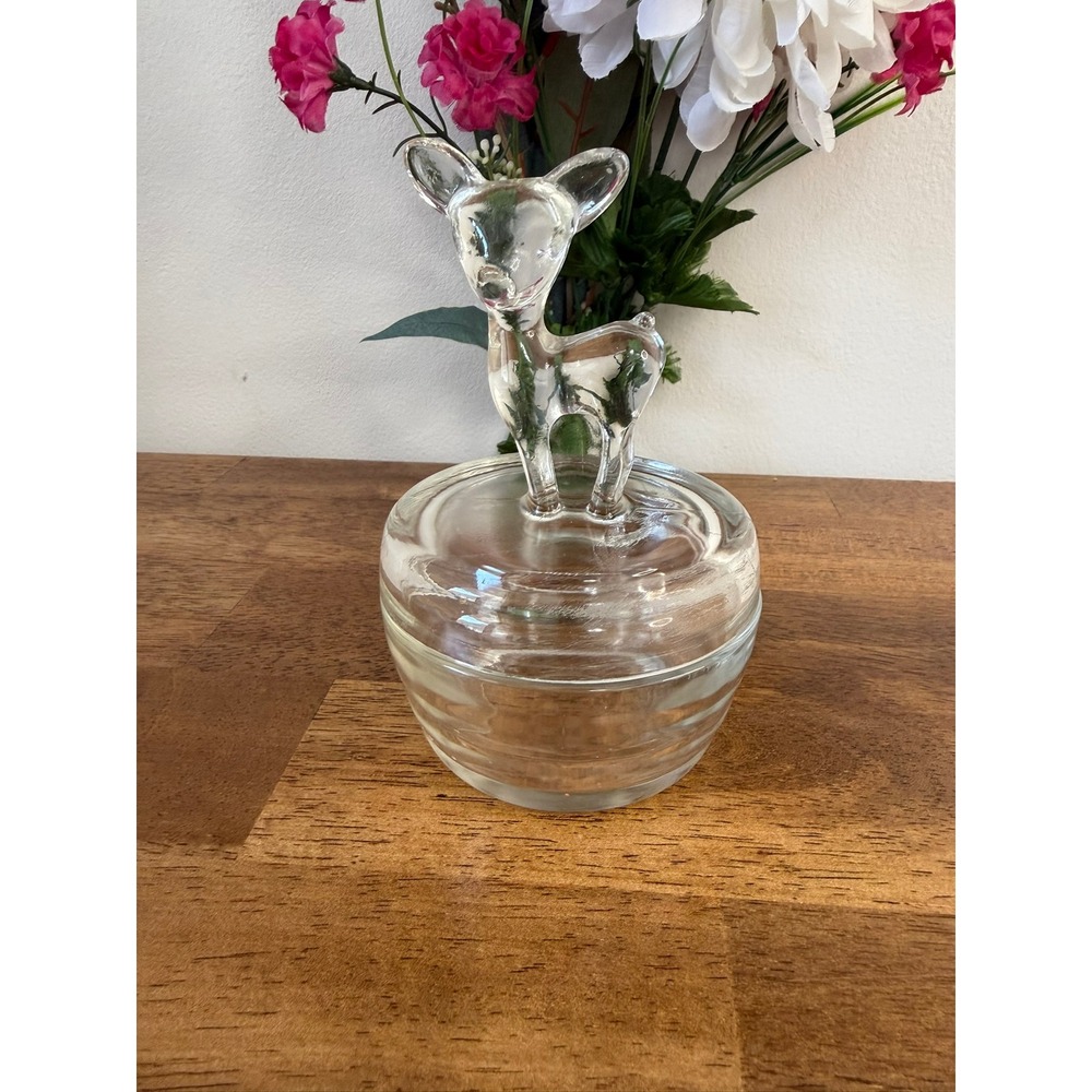 Vintage Jeannette Glass Fawn Deer Powder Jar Clear Trinket Box Animal Lid Decor